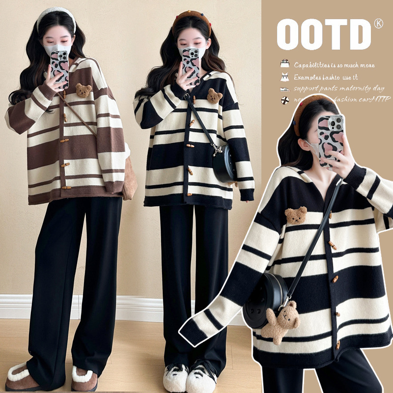 Maternity suit Autumn and Winter Fashion Trendy Mom's New Korean-style Thickened Striped Knitted Sweater Cardigan Age-reducing Two-piece Set Maternity suit Autumn and Winter Fashion Trendy Mom's New Korean-style Thickened Striped Knitted Sweater Cardigan Age-reducing Two-piece Set