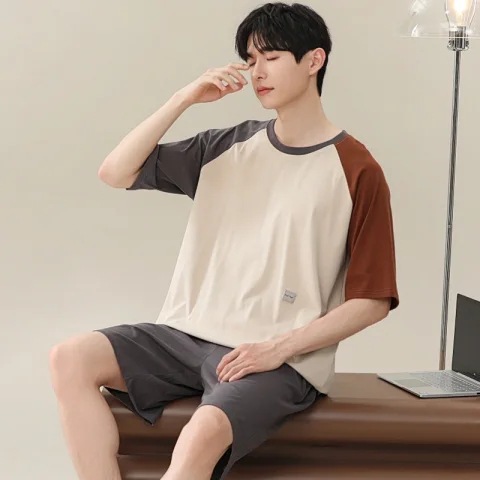 2024 New modal men's pajamas summer thin short-sleeved shorts round neck solid color home wear suit