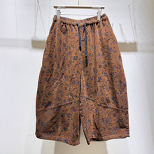 复古灯芯绒印花直筒裤女拼接2025秋季新款宽松百搭松紧腰八分裤潮