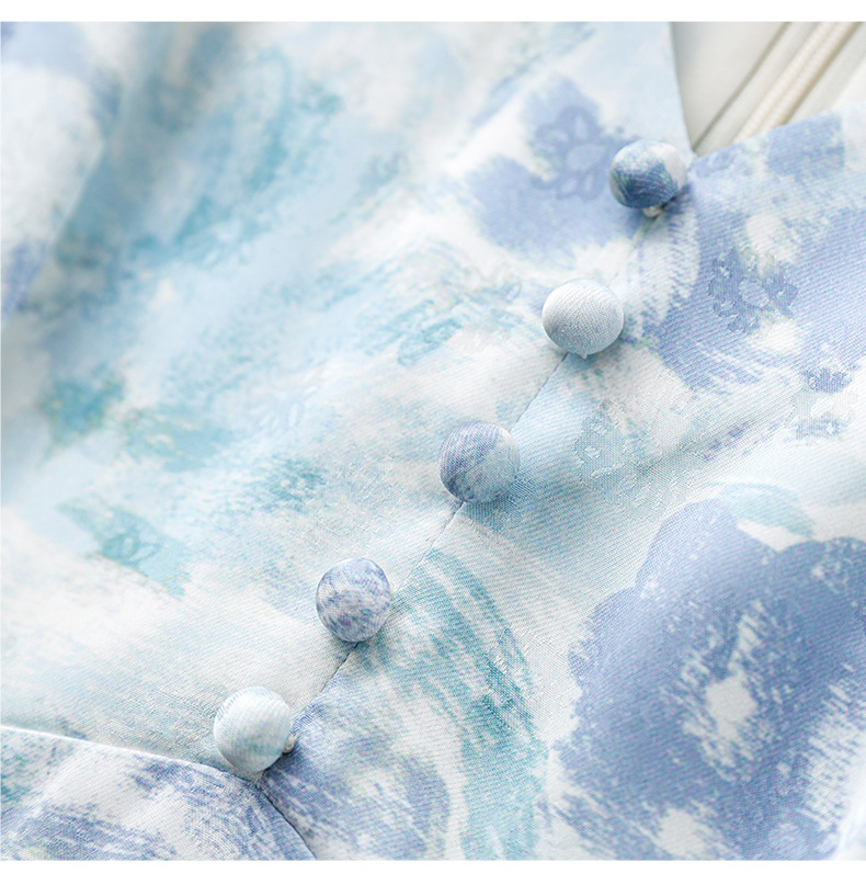 Đầm maxi nữ thắt eo chất liệu jacquard in họa tiết cao cấp — Màu xanh lam chi tiết 14