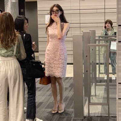 Celebrity Lin Zhiling's Same Style Pink Lace Sleeveless Dress Spring and Summer Slimming Look A-Line Pink Skirt for Women