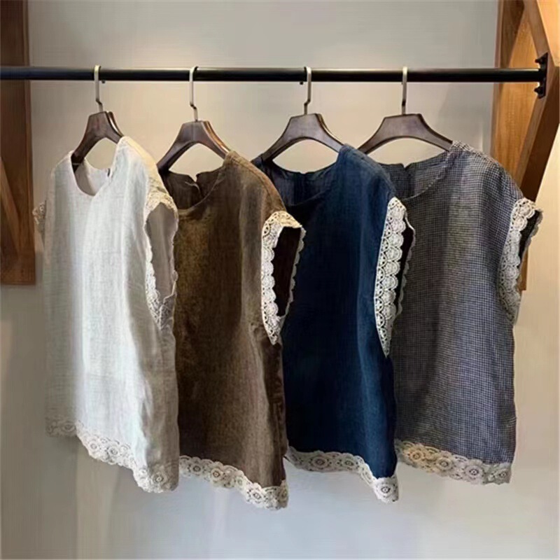 Japanese Single Vintage Artistic Spelling Lace Linen Top Women's Summer Age-reducing All-match Back Single-breasted Outer Wear Small Shirt for Women