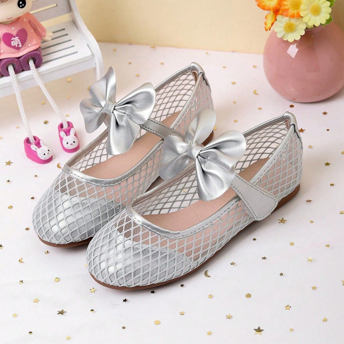 Cross-Border Export Flat Single-Soled Shoes Girls Round Toe Bow Flats Breathable Mesh Shoes