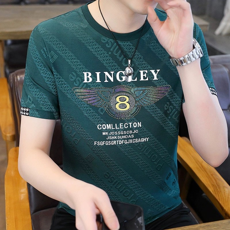 Европейская быстросохнущая футболка из ледяного шелка с короткими рукавами, мужская летняя модная брендовая темно-зеленая летняя футболка с круглым вырезом и принтом горячих бриллиантов, топ