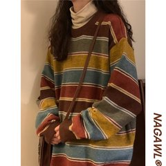 レトロな衝突色の秋冬のストライプのセーターの女性の韓系はゆったりしていて怠惰な風の独特な気質のカジュアルな百合のニットの上着です。