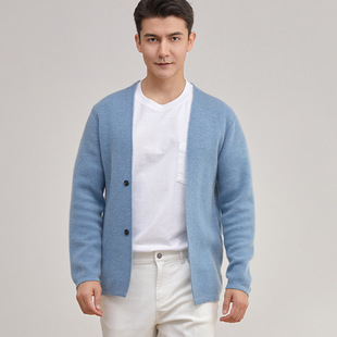 V-neck pure cashmere cardigan men's loose solid color casual coat 2025 spring new single-breasted warm top