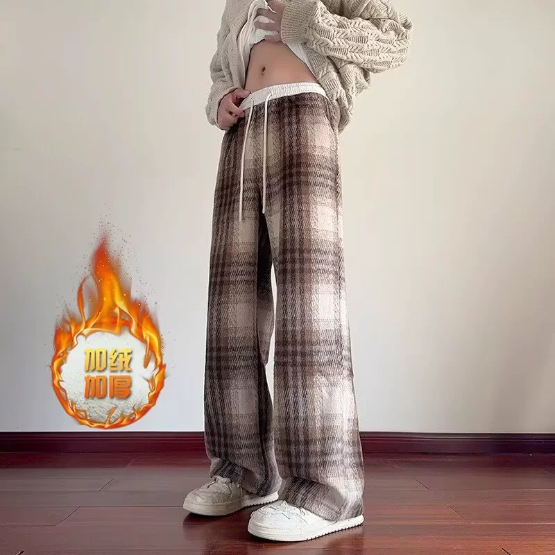 Плюшевые брюки в клетку мужские осень-зима 2024 новые ретро ленивый повседневные прямые брюки тонкая узкая версия широкие брюки