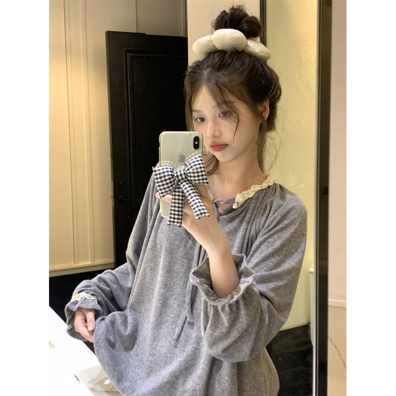 Real Shot of 2025 New Autumn and Winter Korean Style Simple Lace Terry Cloth Pajamas Set Casual Loose Lazy Home Clothes