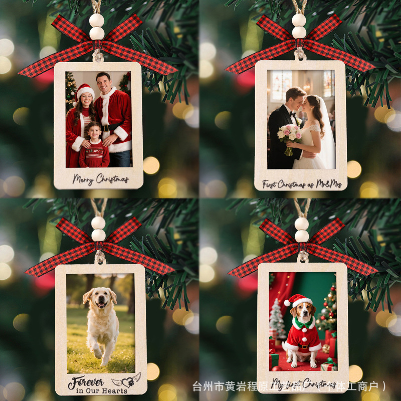 Christmas Photo Ornaments Wooden Photo Frame Red Checkered Bow Christmas Tree Hanging Decoration Holiday Commemorative Photo Pendant Christmas Photo Ornaments Wooden Photo Frame Red Checkered Bow Christmas Tree Hanging Decoration Holiday Commemorative Photo Pendant