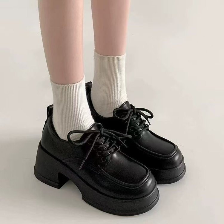 Zapatos de cuero negros de suela gruesa para mujeres de otoño aumentan la altura de los zapatos de tacón grueso de Mary Jane, muffins de cabeza redonda de talón alto y zapatos de pedal Lefour