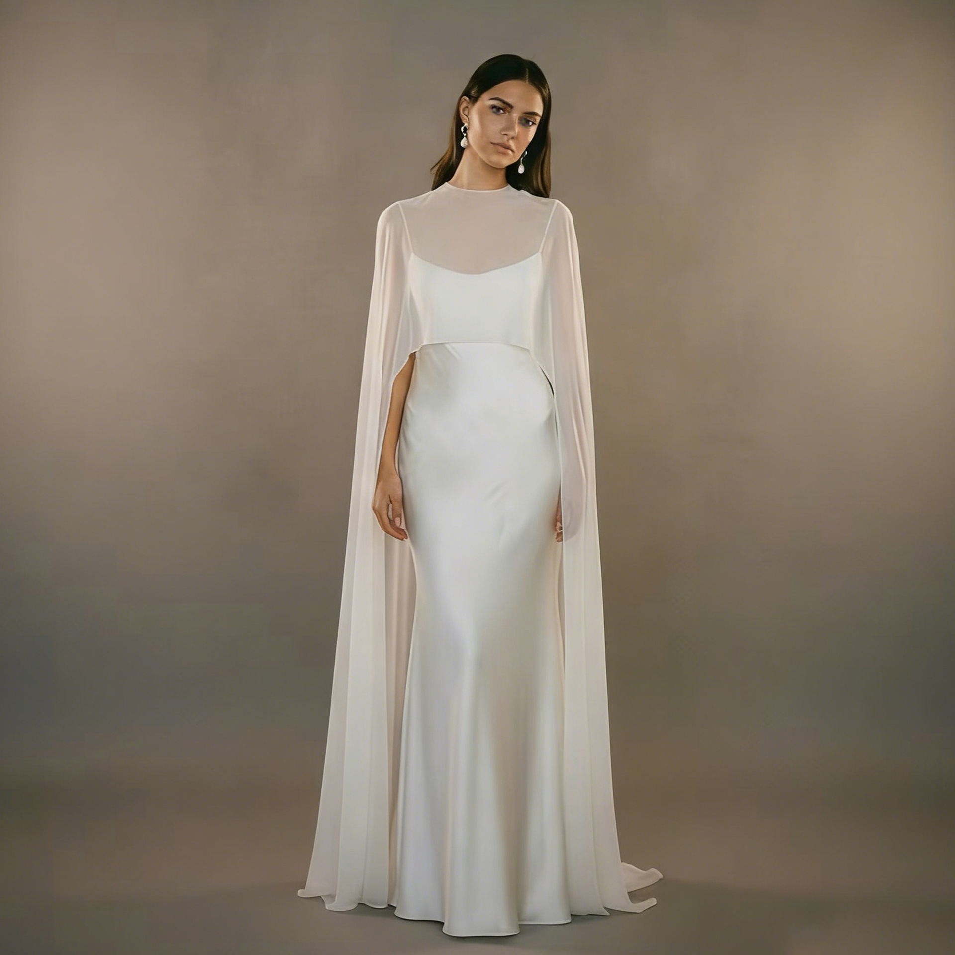 European and American Cross-Border Long Chiffon Thin Bridal Shawl Cape in White and Ivory for Halloween Role-Playing
