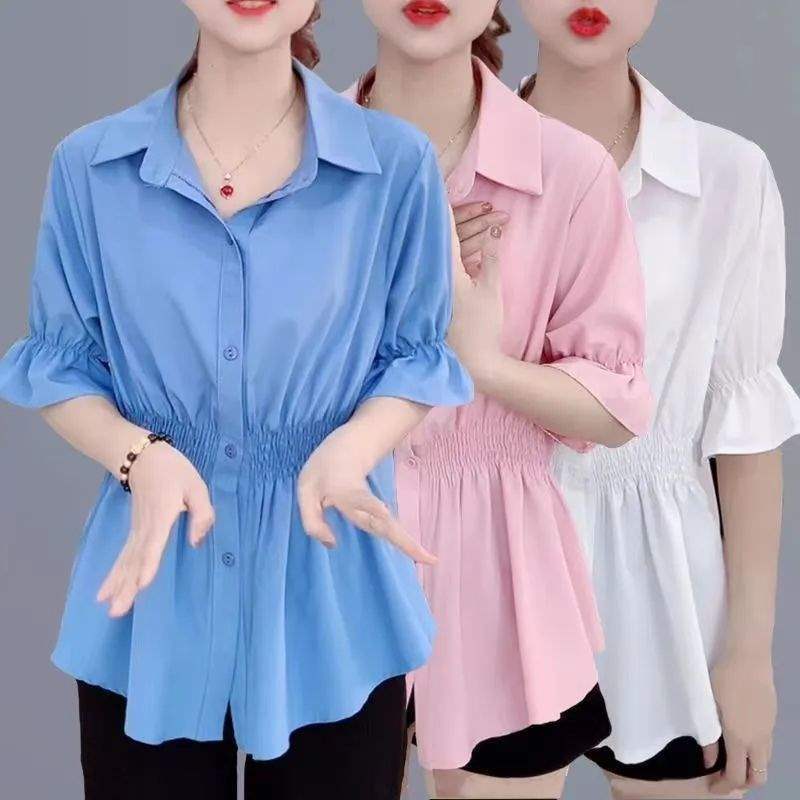 여름 여성을 위한 슬림 캐주얼 반팔 셔츠, 얇은 허리 커버 탑, 신축성 있는 허리, 틈새 루즈 쉬폰 셔츠