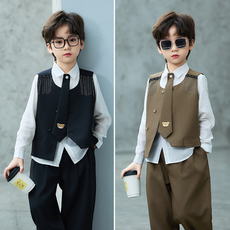 Boys' Suits with Tassel Design for Spring and Summer, Vest Set for Children, Suitable for Hosting, Piano Performances, and as Flower Boy Attire for First Birthday Ceremonies
