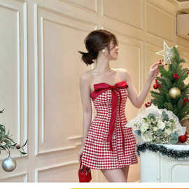 甜美纯欲初小香风圣诞抹胸千鸟格红色短裙氛围感辣妹连衣裙414957