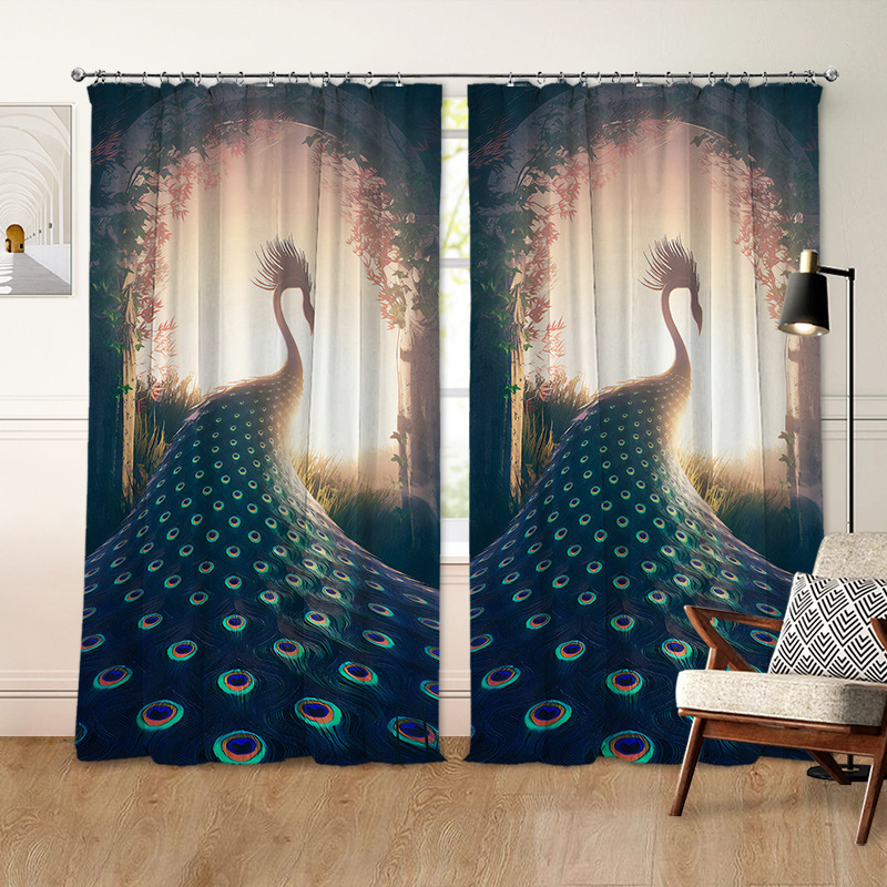 Customized Beautiful Peacock Animal Series Curtains with Digital Printing, Blackout Balcony Curtains, Dropshipping from the Factory