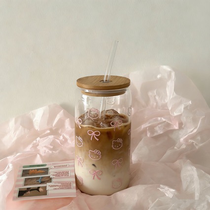 Taza de vidrio de alto silicio de silicio KT gato con taza de cola cubierta de paja de mesa conveniente taza de bambú cubierta de estudiantes resistente a altas temperaturas
