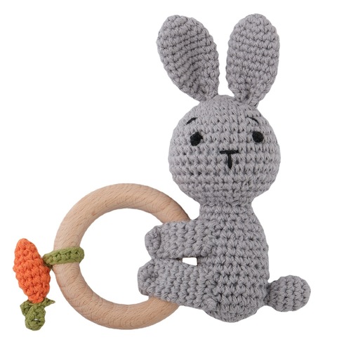 Foreign trade beech cartoon animal rattle baby soothing wooden rattle toy crochet teether rattle gift wholesale