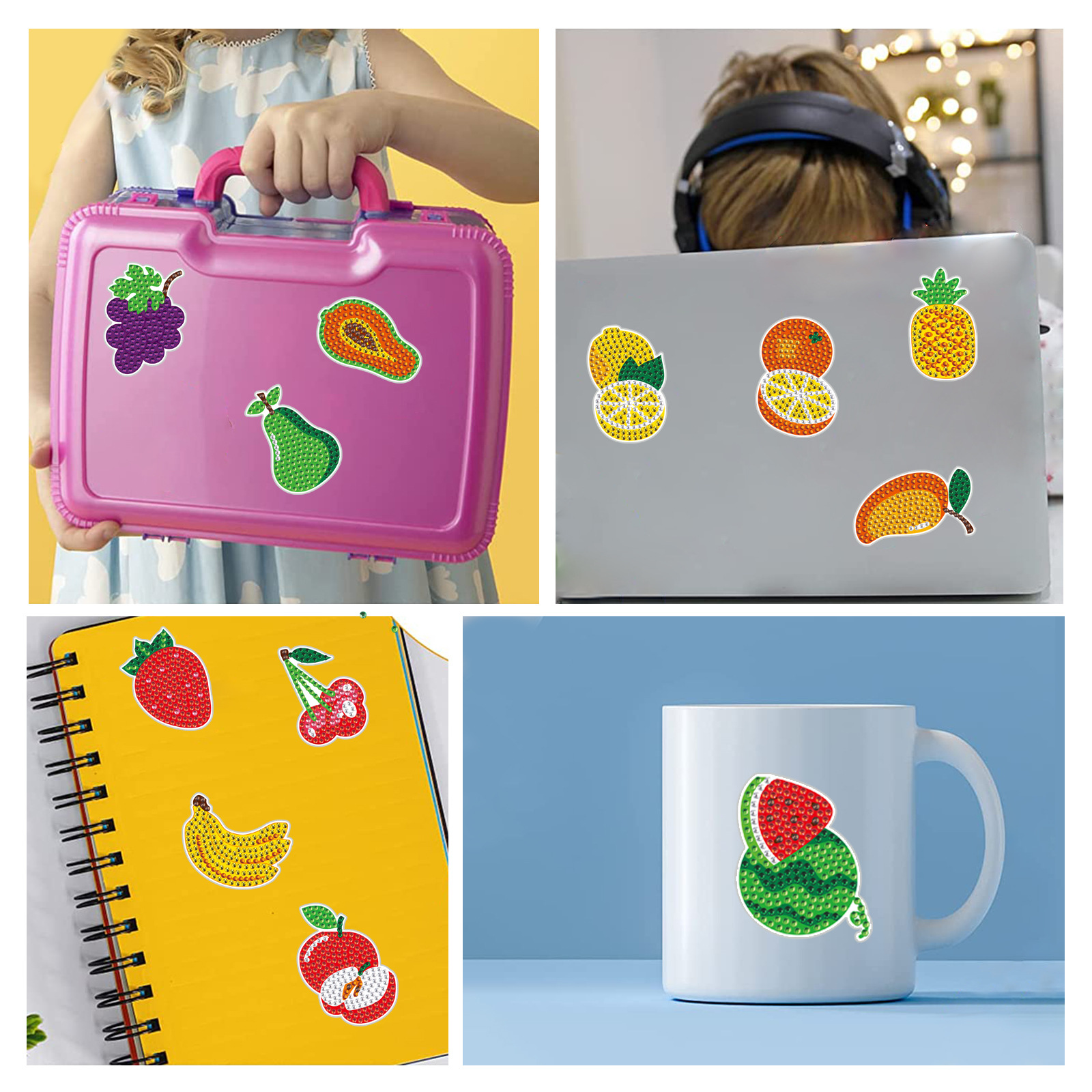 Ventas calientes de dibujos animados de frutas de diamante dibujo aleatorio DIY pinturas de mampostería pegatinas de pared pegatinas hechas a mano pegatinas de niños cristal brillante diamante