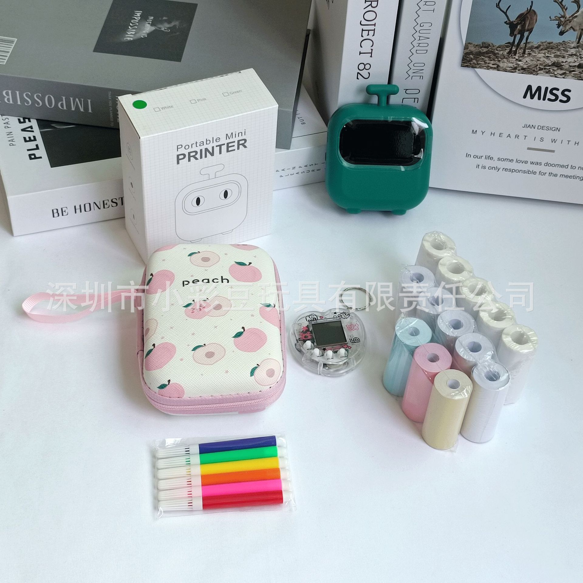 X2 녹색 + 감열지 5개 + 접착지 5개 + 색종이 3개 + 색펜 + 가방 + 전자 애완동물