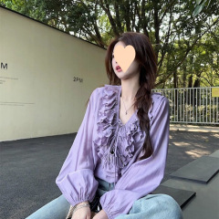 法式荷叶边抽绳领衬衫女2025春季新款洋气小众独特别致长袖衬衣