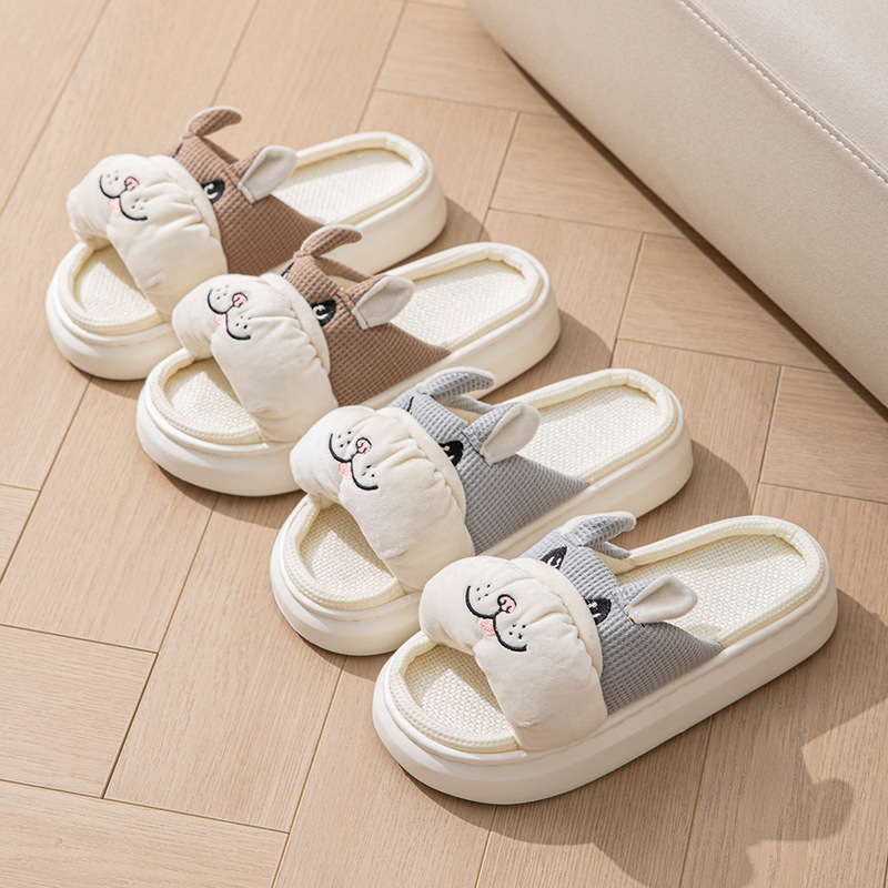 Cartoon Linen Slippers for Men, Cross-Border Bulldog Design, Home Eva Couple Casual Indoor and Outdoor Summer Cotton and Linen Slippers