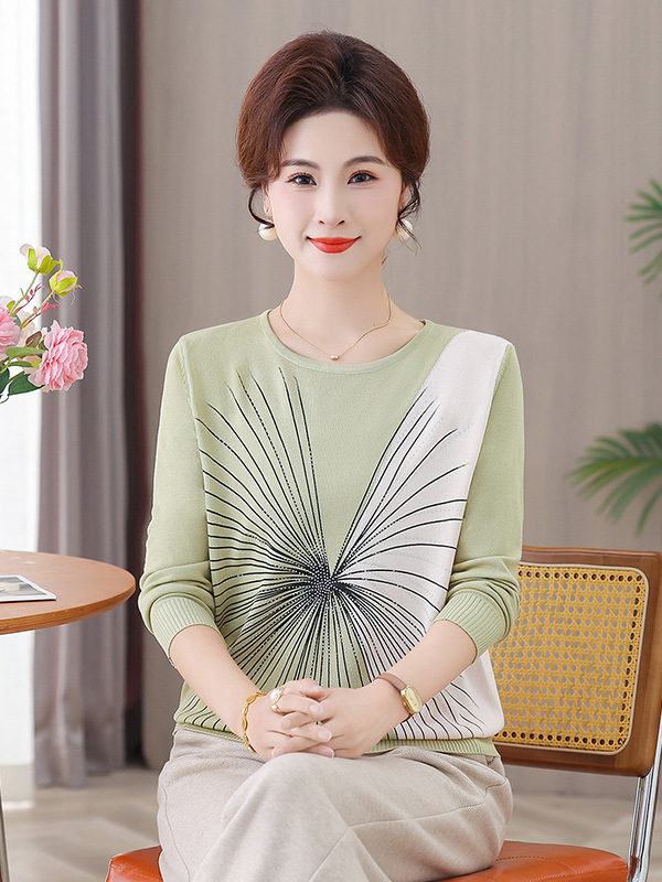 中老年秋季女装针织宽松时尚长袖中老年女装拼色圆领洋气长袖打底|undefined