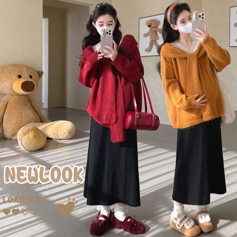 孕妇秋冬新款外穿花边领系带套头毛衣百搭直筒半身裙甜美显瘦套装|undefined