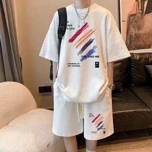 Waffleted T-shirt Men's Summer suit Trendy Brand Ins Loose Short-sleeved Shorts Set of Ice Silk Sports Basketball Clothes