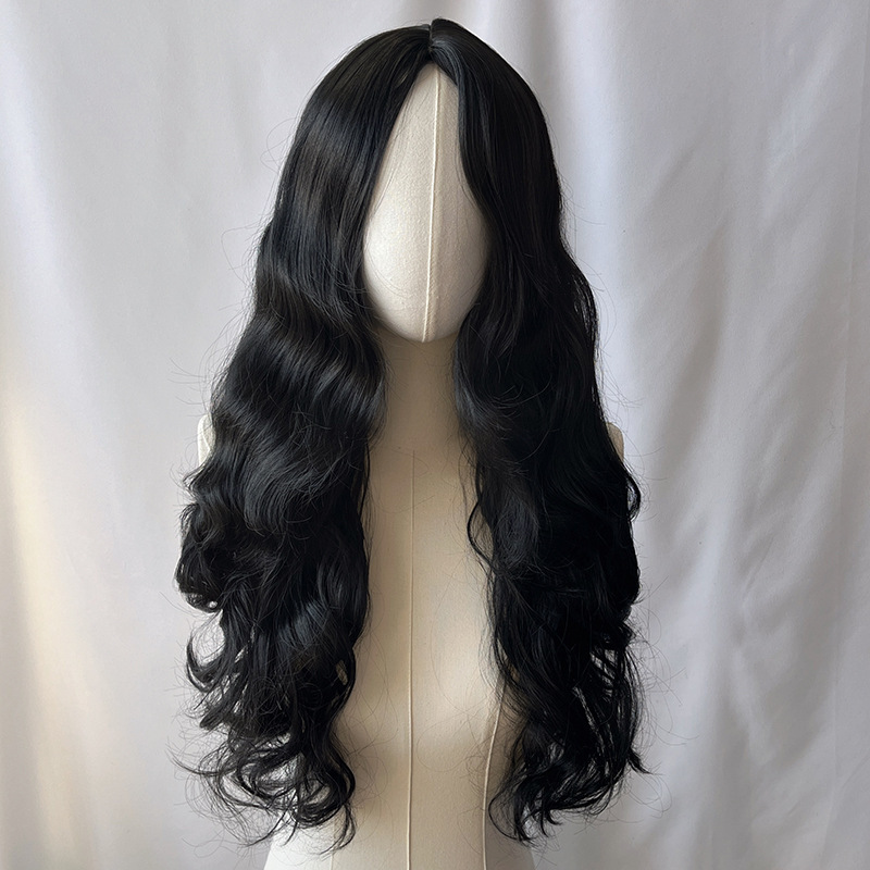 外国貿易スポットゴールドロングカーリーヘアウィッグ、クロスボーダー欧米女性用ミディアム分け目ビッグウェーブ化学繊維ヘッドギア、メーカー卸売|undefined
