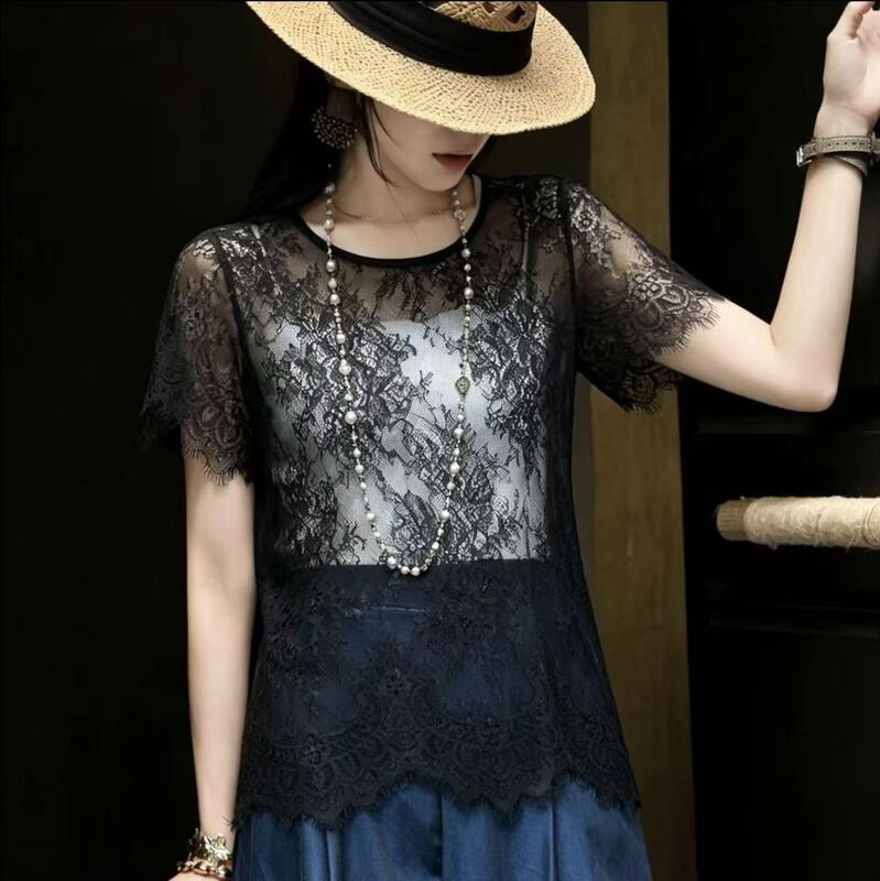 2026 Summer New Lace Round Neck Hollow-Out Short-Sleeve T-Shirt for Women, Fashionable Versatile Solid Color Cover-Up Base Shirt Top 2026 Summer New Lace Round Neck Hollow-Out Short-Sleeve T-Shirt for Women, Fashionable Versatile Solid Color Cover-Up Base Shirt Top