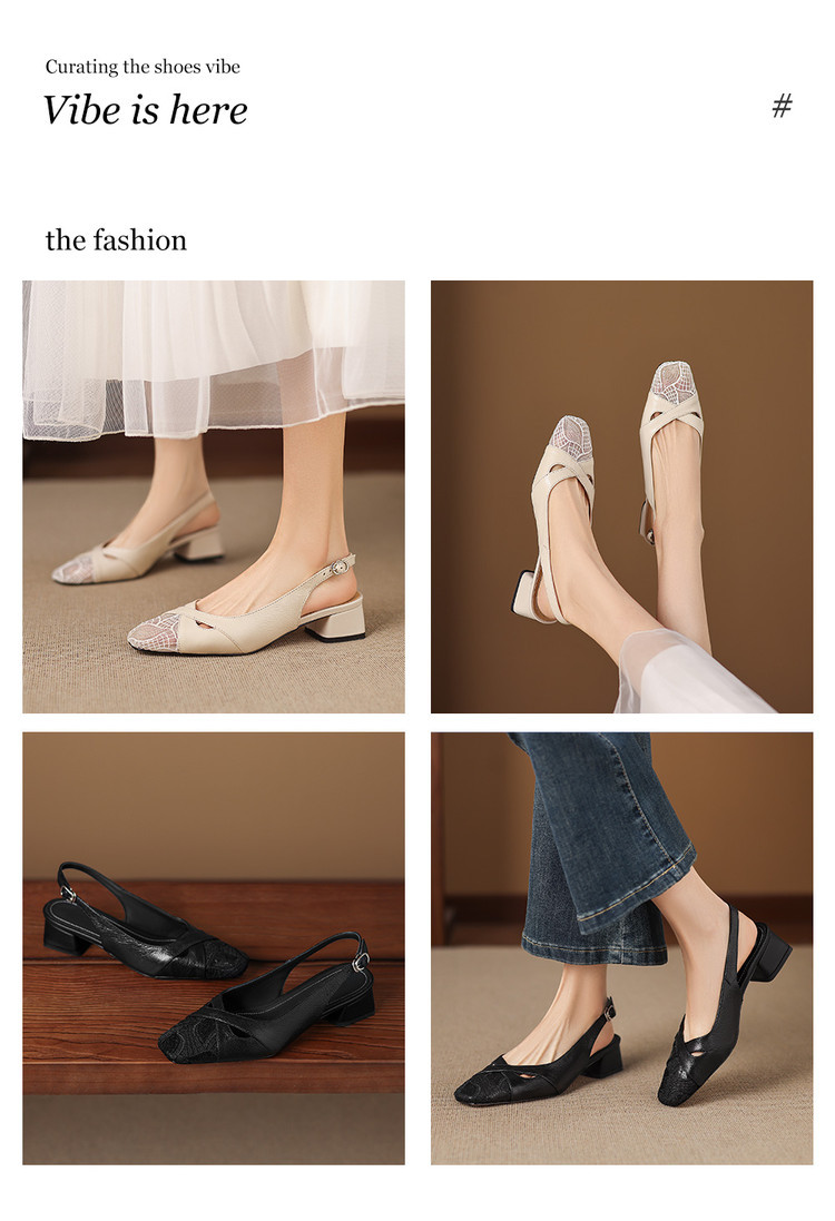 Sandal cao gót nữ hở mũi da cừu lưới phối màu quai ngang khóa — màu đen, màu trắng ngà chi tiết 1