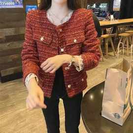 2026年新款春秋轻熟风气质显瘦金丝粗花呢法式小香风红色短外套女