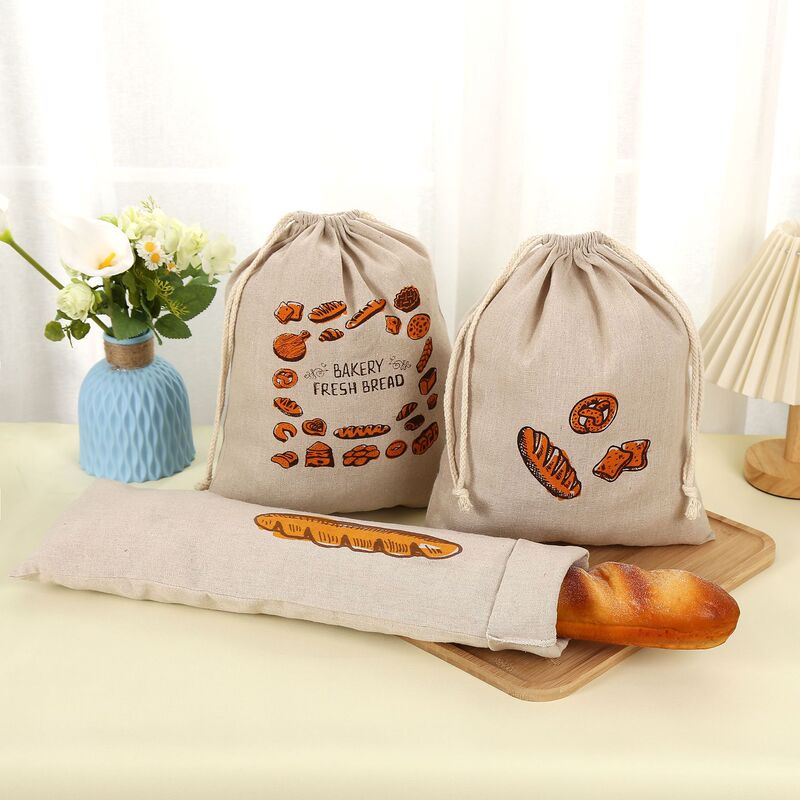 Cross-border Hot Linen Toast Bag Reusable Cookies French Long Stick Storage Bag Drawstring Bread Bag