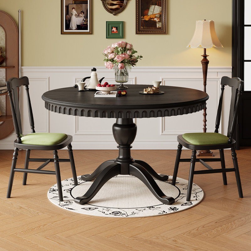 Mesa de comedor de madera sólida de estilo pequeño estilo francés retro mesa de comedor de madera de cera blanca combinación de estilo medieval mesa de comedor redonda doméstica