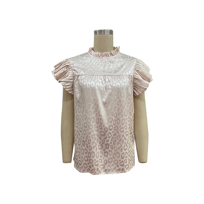 Elegant Leopard Polyester High Neck Short Sleeve Regular Sleeve Ruffles T-shirt