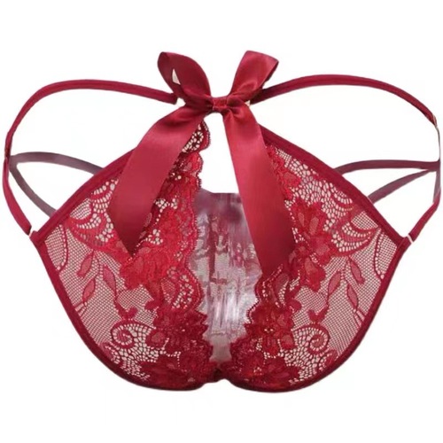 Sexy crotchless underwear, lace see-through underwear, hollow, no-take-off, adjustable waistband, girls' slit briefs