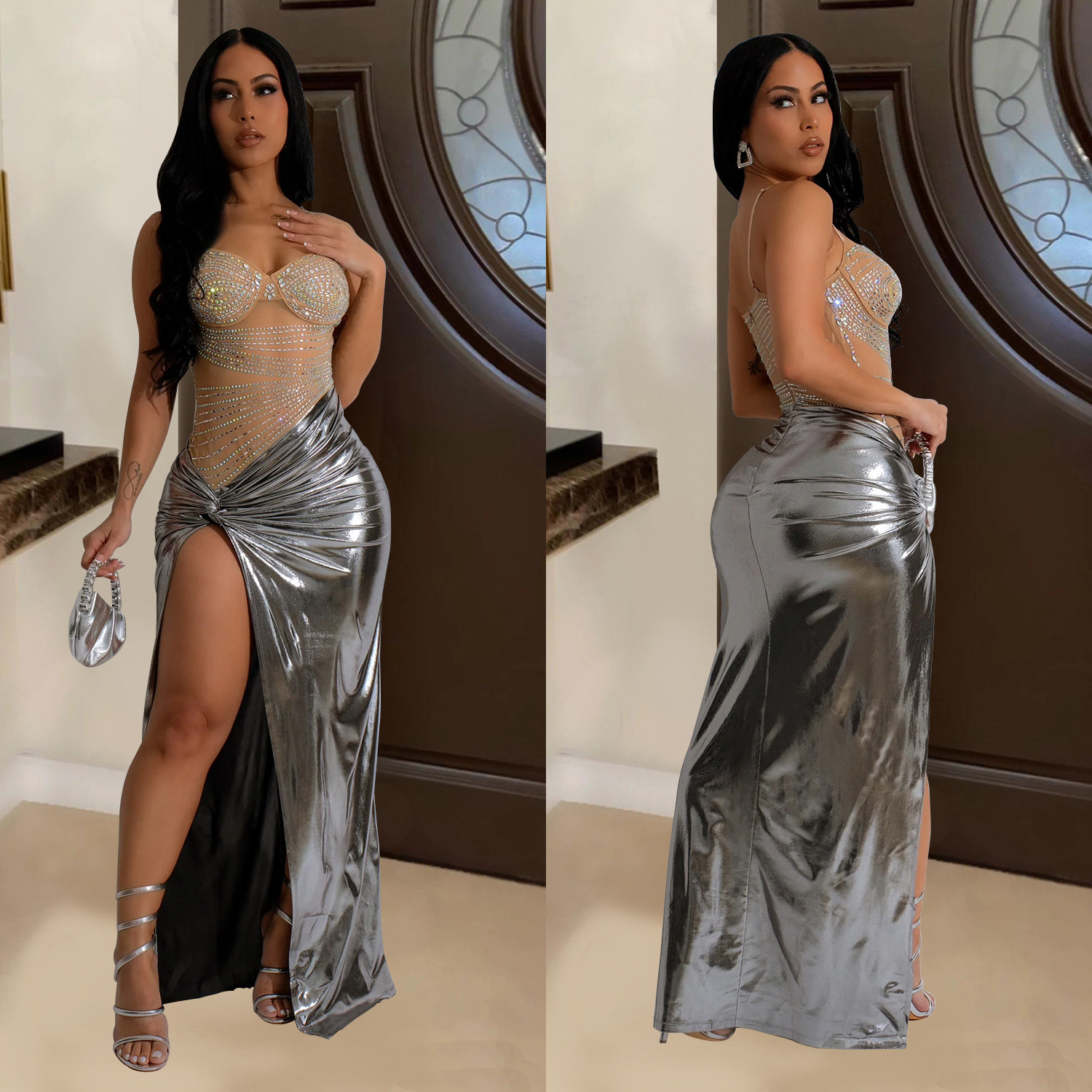 C6935 Aliexpress transfronterizo Amazon estación independiente de moda europea y americana ropa de mujer alta horquilla de perforación caliente vestido de perspectiva image 5
