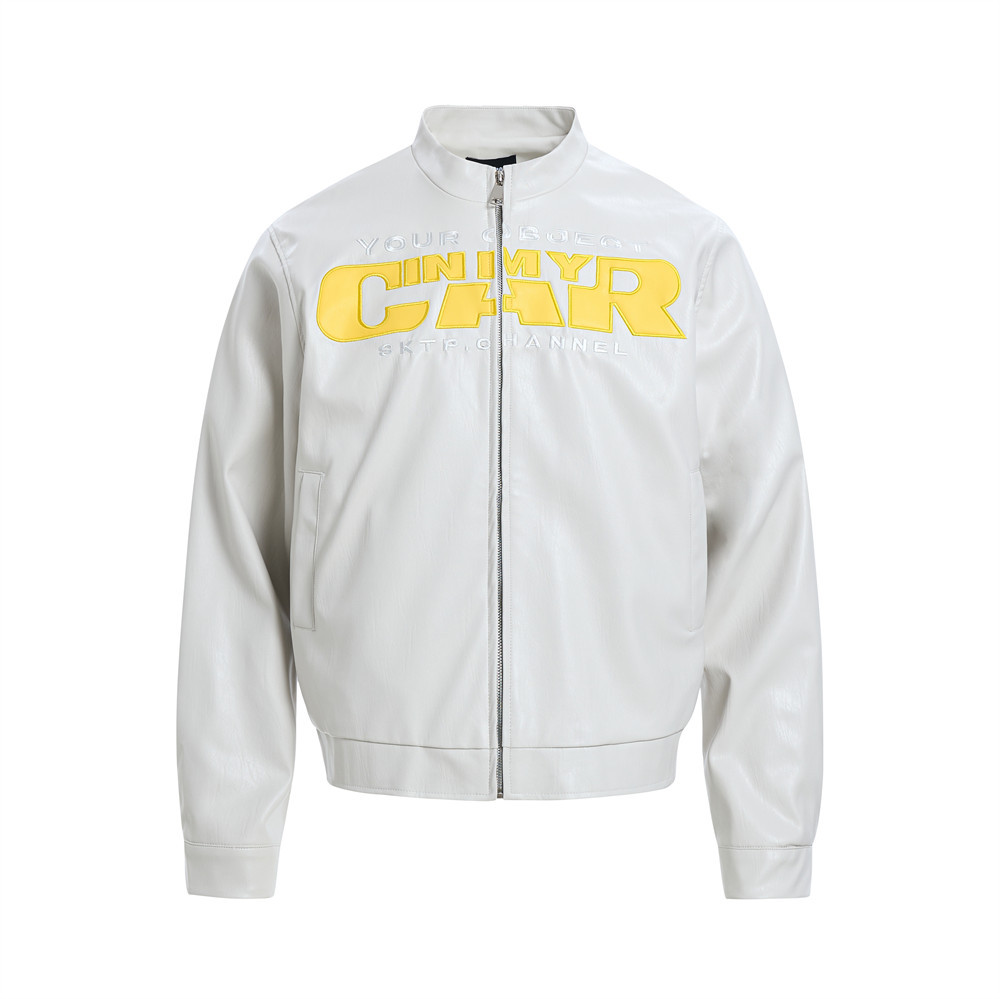 Giacca in pelle con ricamo a lettere e colletto rialzato, stile high street alla moda, da uomo, stile motociclista americano in PU_voghion.com