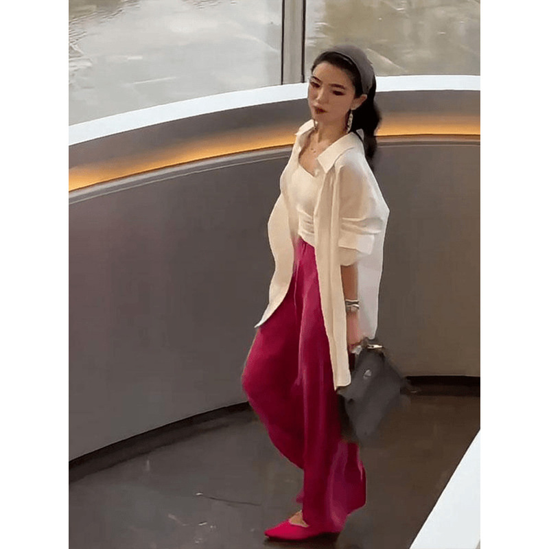 御姐范知性风长袖衬衫内搭吊带上衣玫红色半身裙三件套|undefined