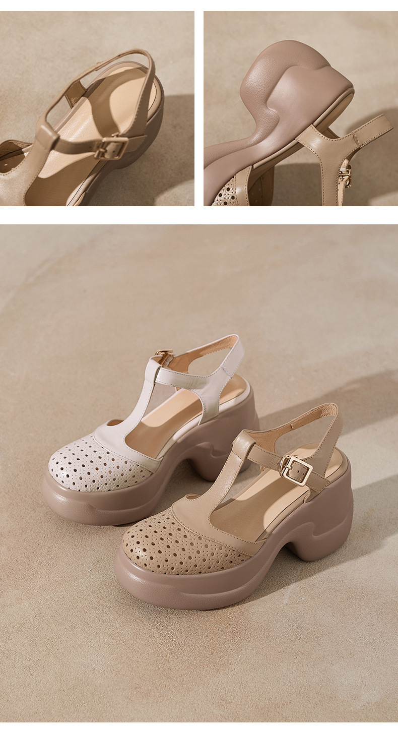 Sandal cao gót nữ quai ngang khóa T, đế dày 9.5 cm, gót thô — màu trắng ngà chi tiết 9