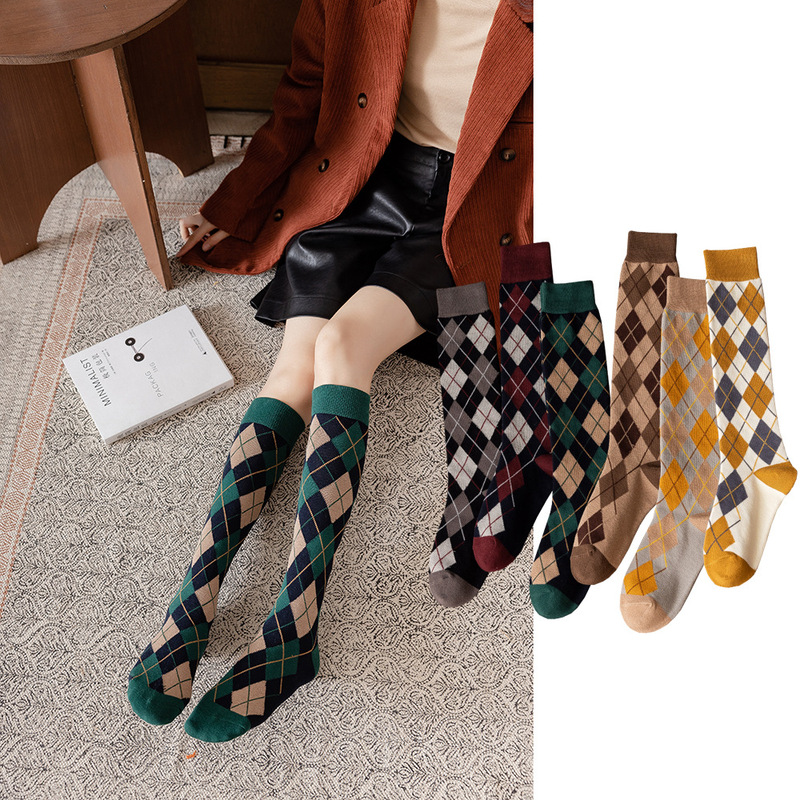 Checkered Socks for Women, Mid-Calf and Knee-High Socks, Popular on Japanese and Korean Social Media, Scottish Plaid Spring and Autumn Cotton Socks