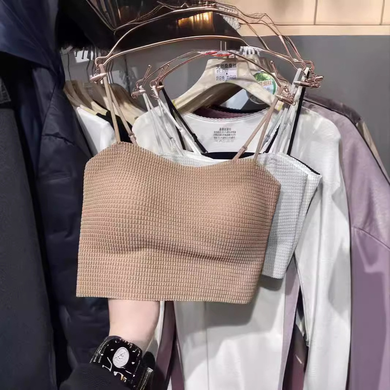 Camisole Women's Belt Chest Pad Thin Shoulder Strap Waffle Bubble Gauge Short Bottoming Outer Wear Simple Color High-end Sense