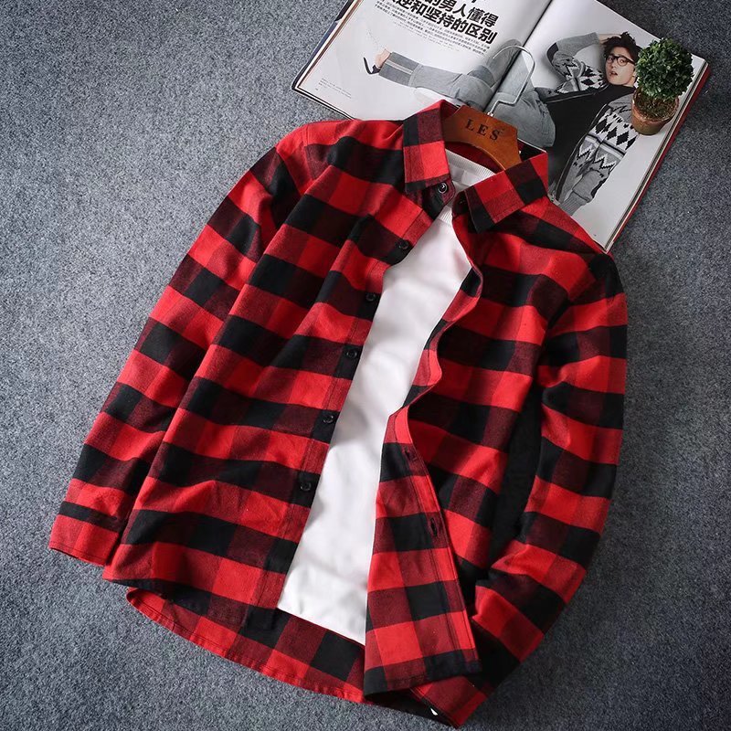 Men's plaid long-sleeved shirt, Korean style, slim fit, trendy, handsome, casual shirt jacket.