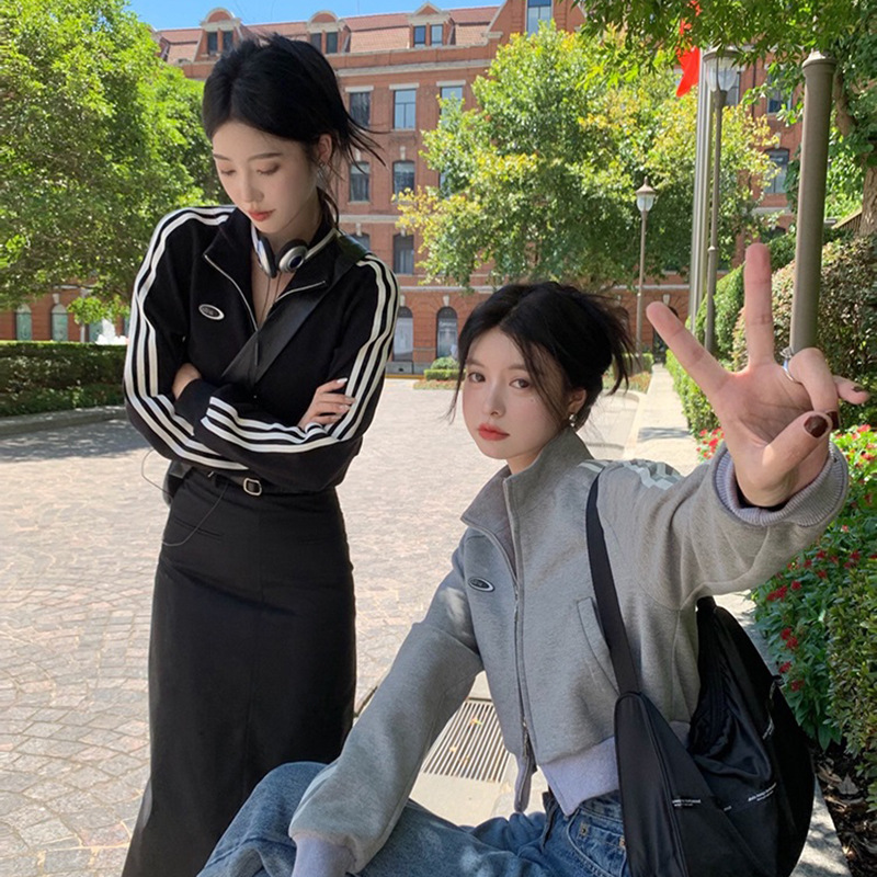 American-style Grey Short Sweater Coat Women's Spring and Autumn Thin Long-sleeved Zipper Cardigan Sports Top Ins