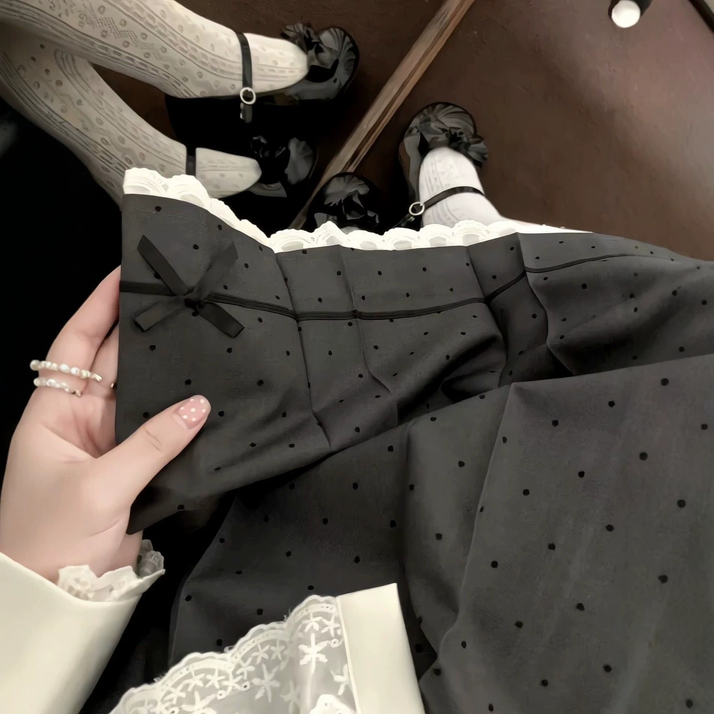 Zero Point Original Double-Layer Lace Collar College-Style Slim-Fit Short-Sleeve Shirt Polka Dot Skirt New Spring Collection
