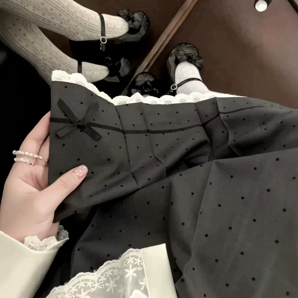 Zero Point Original Double-Layer Lace Collar College-Style Slim-Fit Short-Sleeve Shirt Polka Dot Skirt New Spring Collection