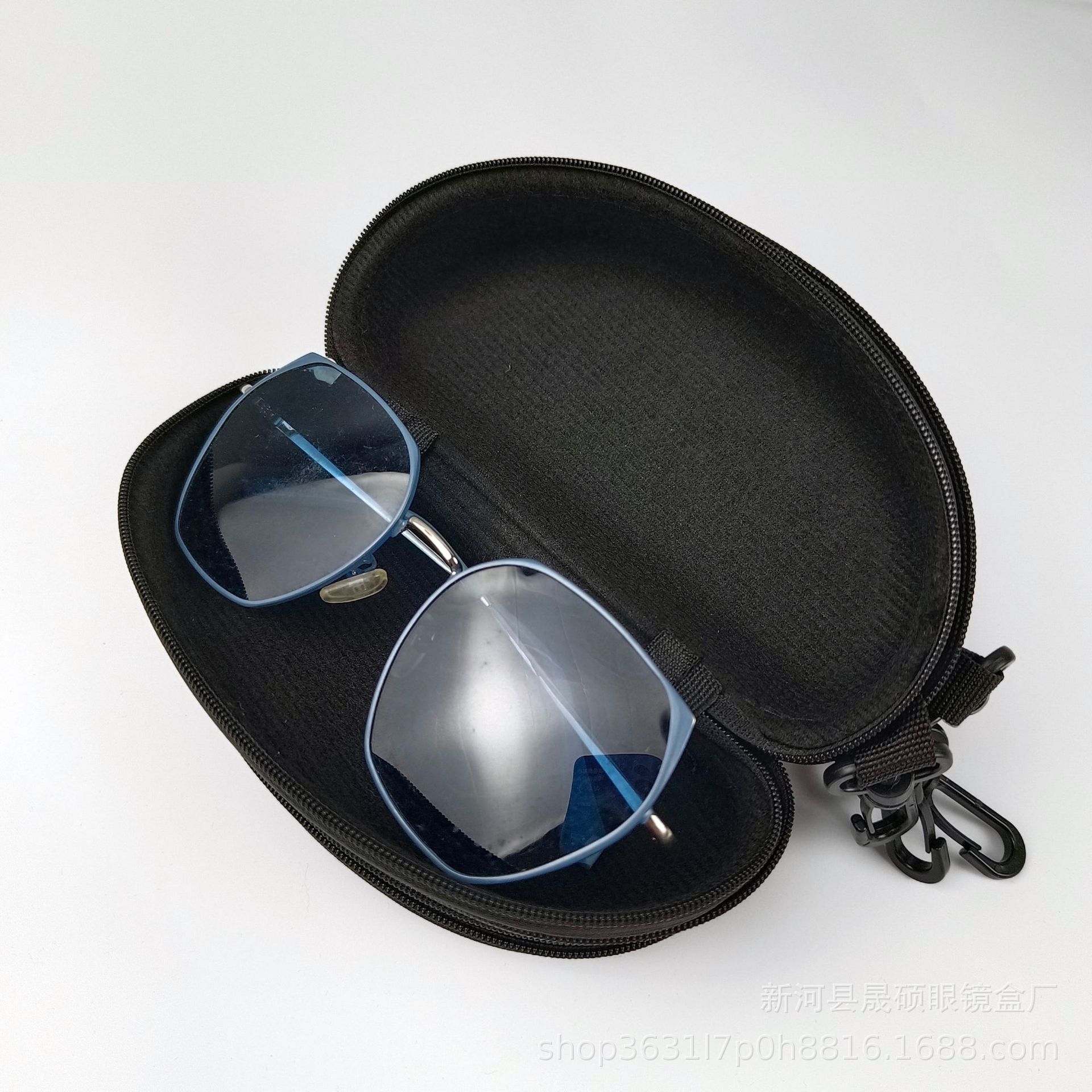 EVAジッパー眼鏡ケース071在庫あり、携帯用フック付き黒ジッパーケース、オックスフォード布製メガネケース、卸売収納