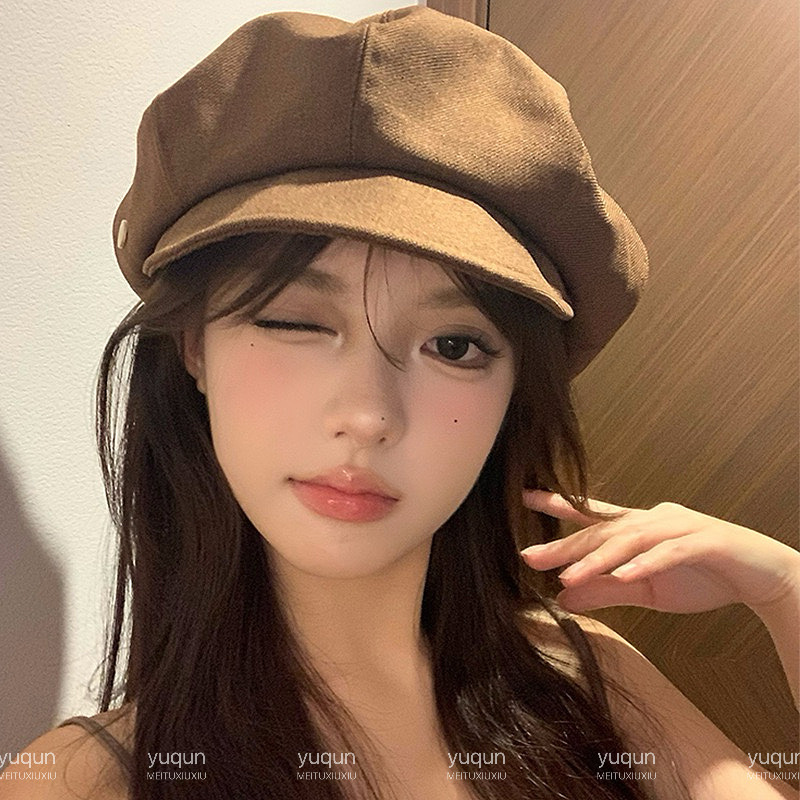 简约咖色贝雷帽女春秋日系复古百搭八角帽大头围显脸小画家帽子潮|undefined