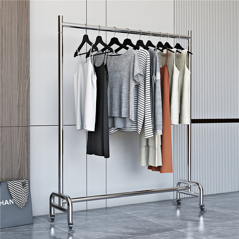 Furniture store display rack stainless steel brushed silver women's clothing display shelf hanger with casters floor coat rack