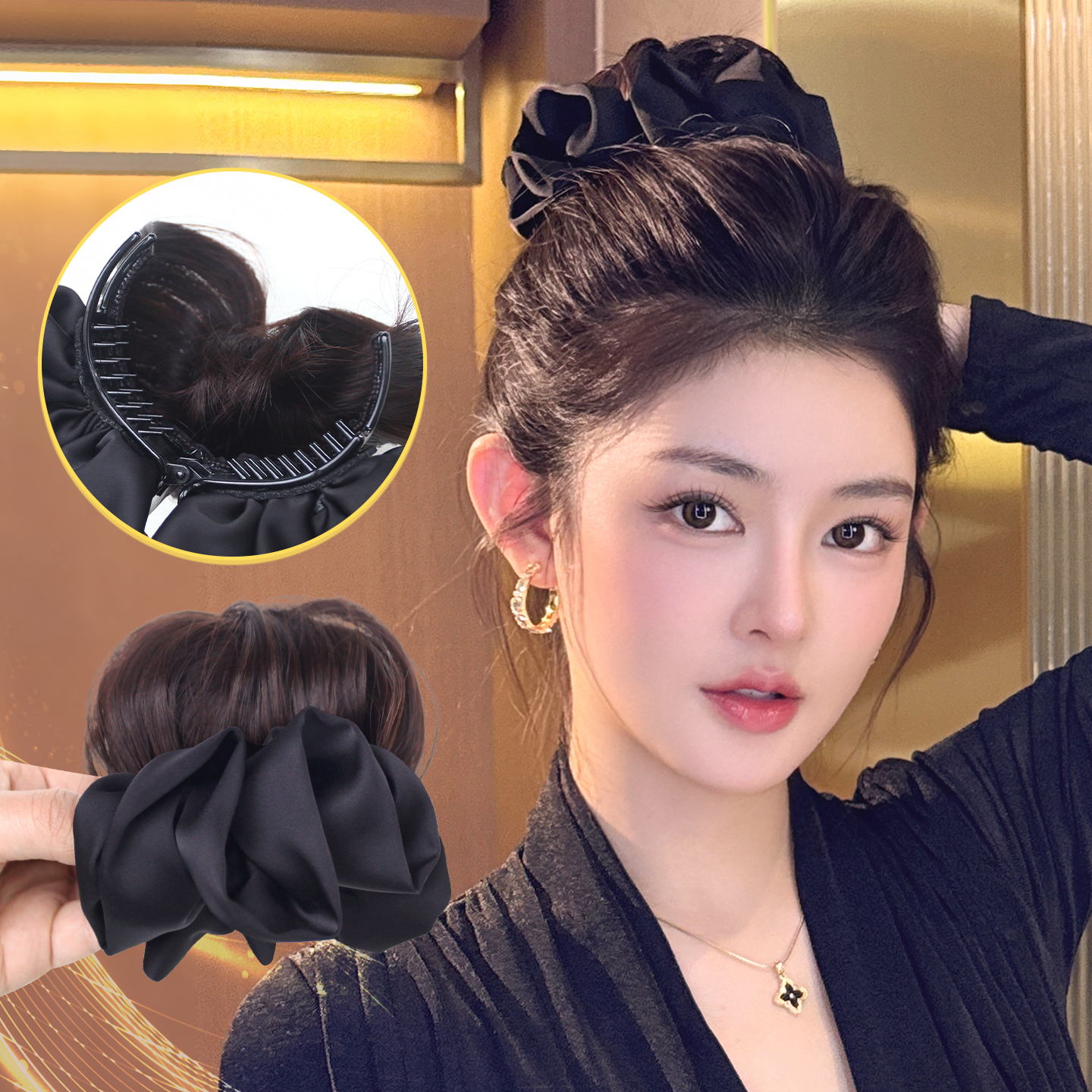 抓夹丸子头假发女黑色大肠发圈蓬松增发花苞头懒人盘发神器假发包